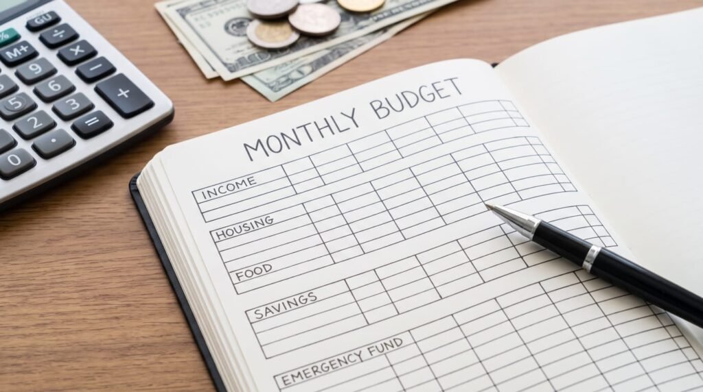 What is a monthly budget? Monthly budget planner showing income, housing, food, savings, and emergency fund categories.