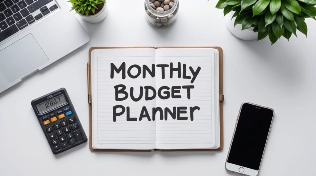 Monthly budget planner with calculator, laptop, and smartphone for creating a monthly budget and managing personal finances.
